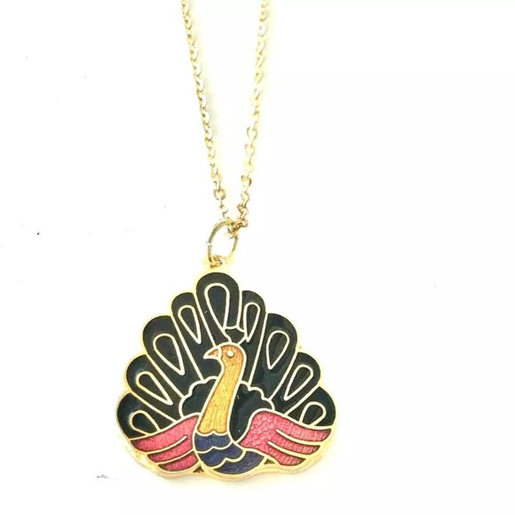 Vintage Cloisonné Peacock Pendant Necklace Enamel Gold Plated Purple Pink Black - Picture 3 of 11